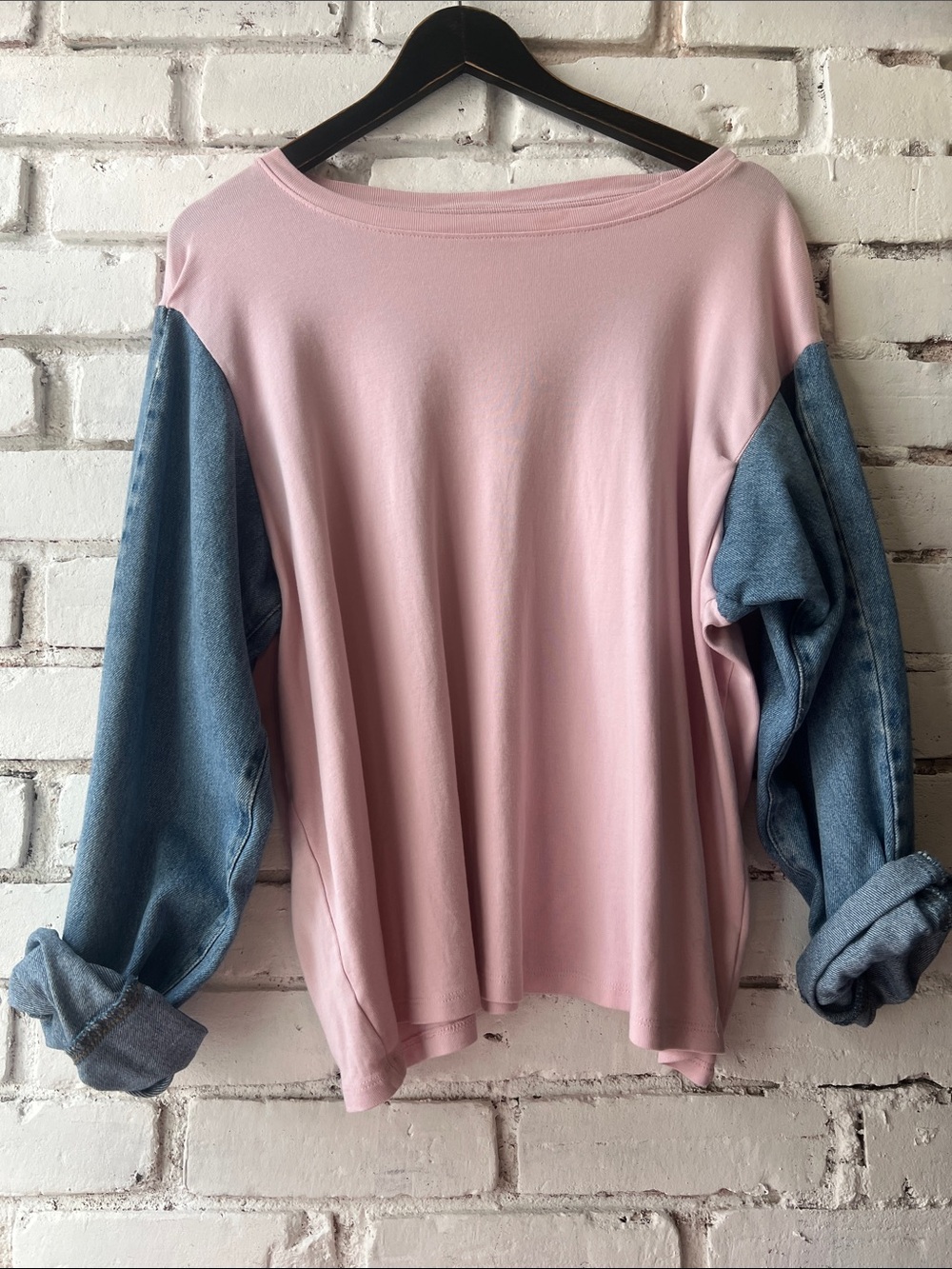Upcycled Women's Pink Pullover with Denim-Style Blue Sleeves